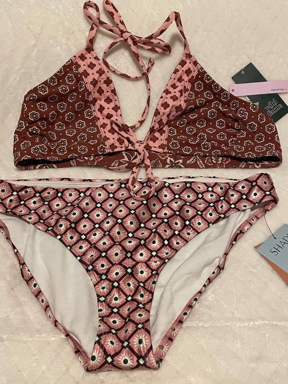 NWT Pink & Brown Patterned Triangle Bikini Set